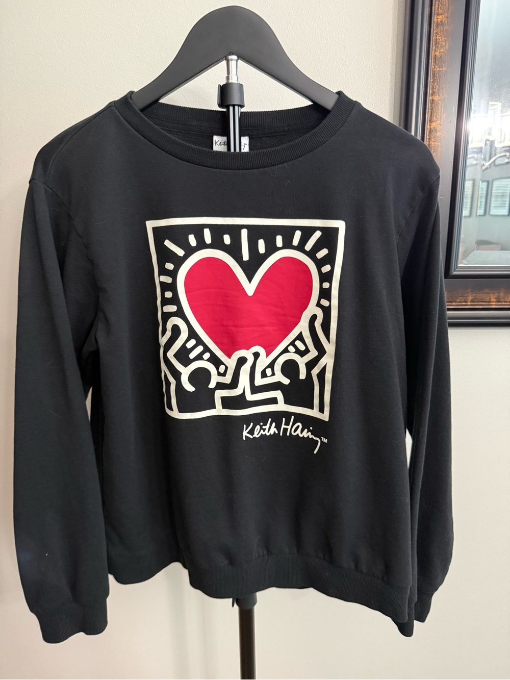 Keith Haring Black Crewneck Sweatshirt with Red Heart Graphic